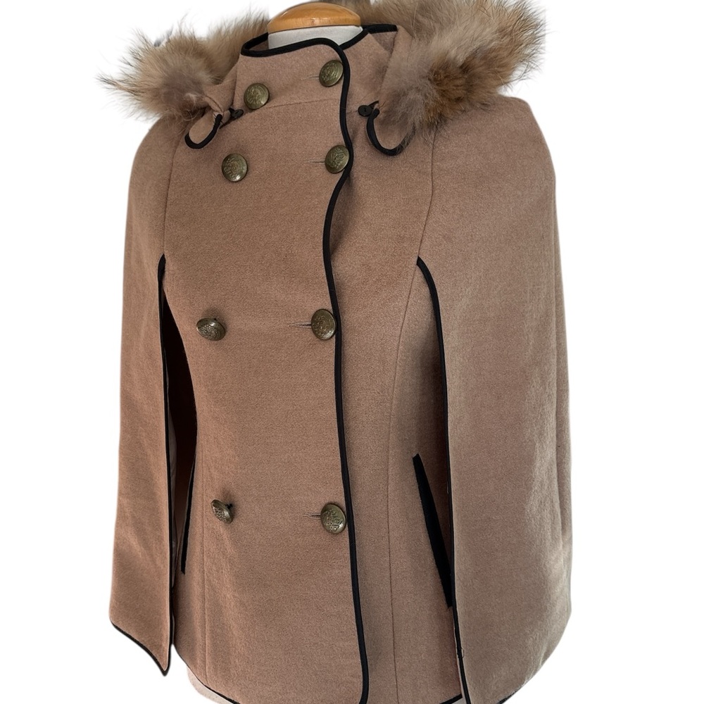 Women's Tan Cape Coat with Detachable Faux Fur Trim Hood - Picture 11 of 11